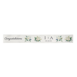 White Flowers and Greenery Custom Text Wedding Satinband