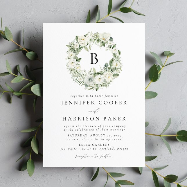 White Flowers and Greenery Monogram Wedding Einladung (Von Creator hochgeladen)
