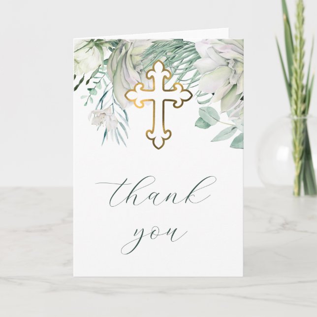 White Flowers and Greenery Religious Thank You Karte (Vorderseite)