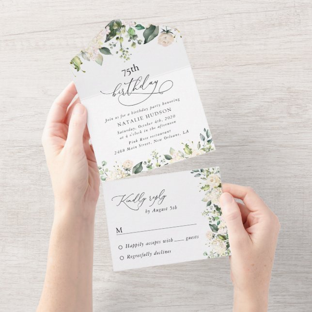White Flowers, Cream Flowers, Boho, Birthday All In One Einladung (Abreißen)