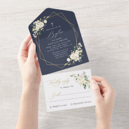White Flowers, Cream Flowers, Boho, Floral Baptism All In One Einladung