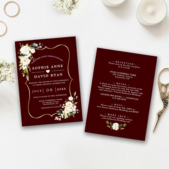 White Flowers Deep Burgundy All In One Wedding   Einladung (Von Creator hochgeladen)