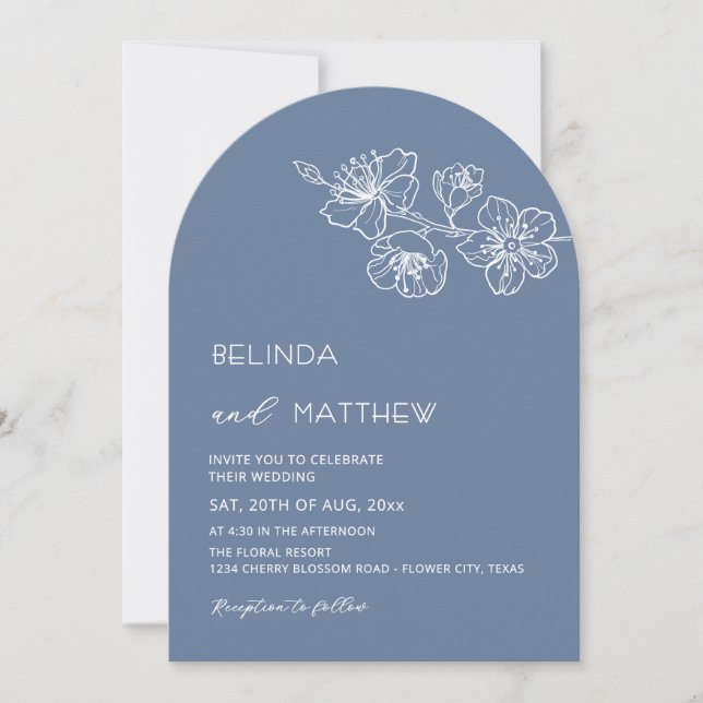  White Flowers Dusty Blue Casual Wedding Einladung (Vorderseite)