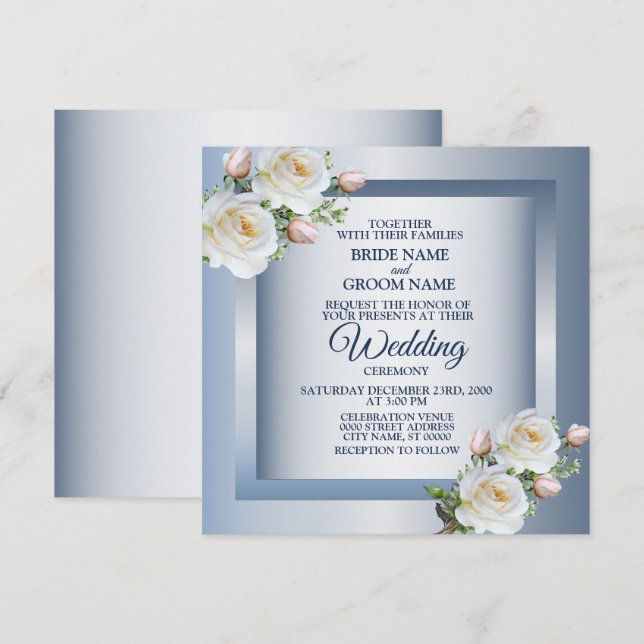 White Flowers Elegant Blue Gray Wedding Einladung (Vorne/Hinten)