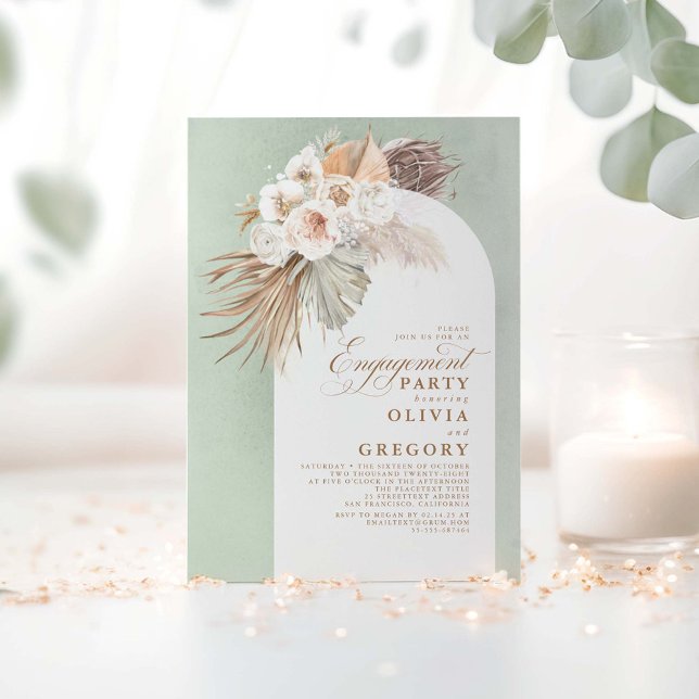 White Flowers Pampas Grass Boho Engagement Party Einladung (Sage Boho Engagement Party Invitations)