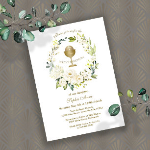 White Flowers Wreath Girl First Holy Communion Einladung