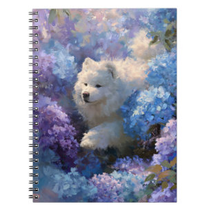 White Fluffy Dog in Hydrangea Garden Notebook Notizblock