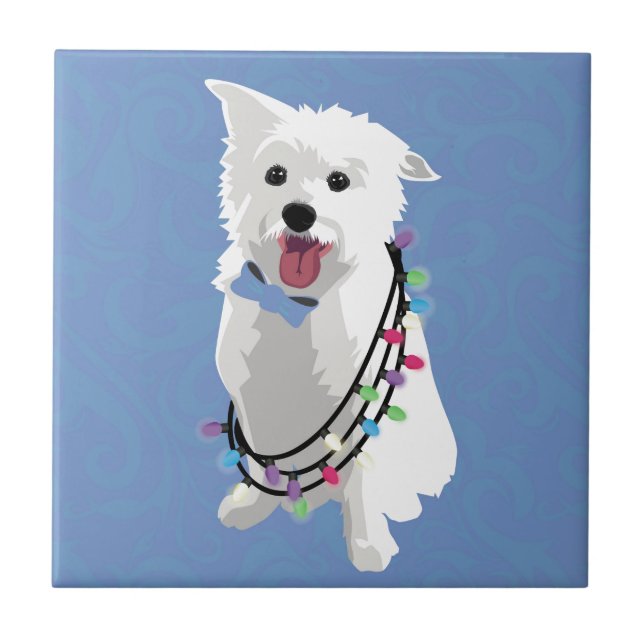 White Fluffy Dog - Peace Joy Liebe - Holiday Fliese (Vorderseite)