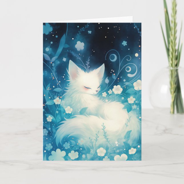 White Fox Slumbering in Floral Karte (Vorderseite)