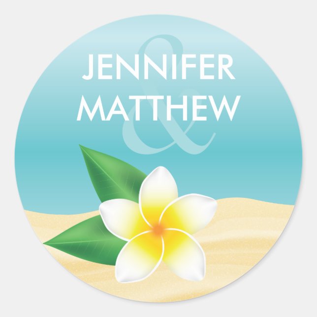 White Frangipani Tropical Blume Beach Hochzeit Runder Aufkleber (Vorderseite)