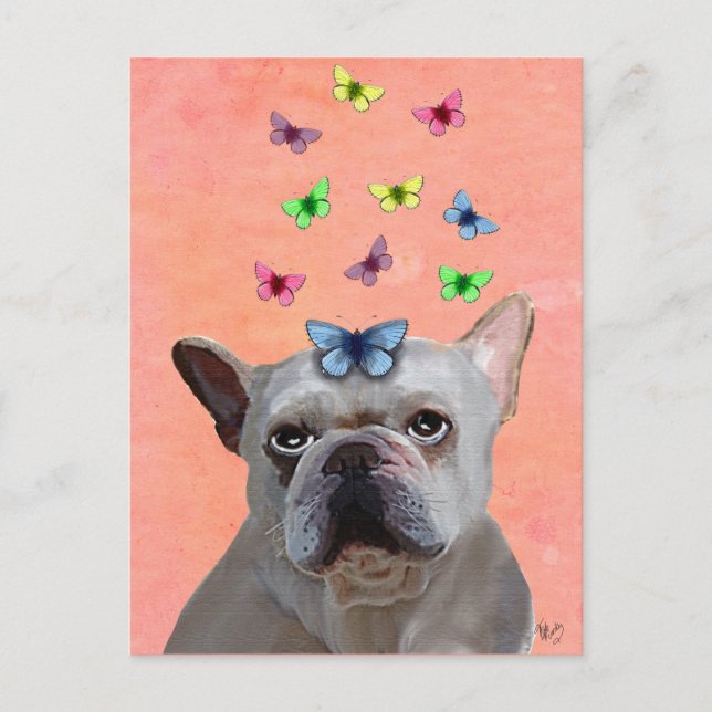 White French Bulldog und Butterfliegen Postkarte (Vorderseite)