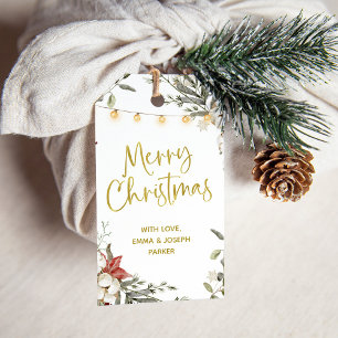 White Frohe Weihnachten   Winter Floral und Gold Geschenkanhänger