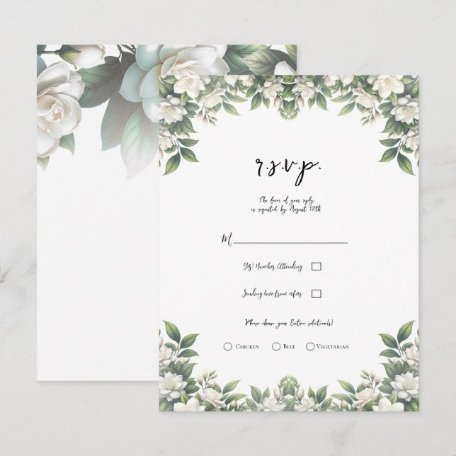 White Gardenia Blume Elegante Blumenhochzeit RSVP Einladung (Vorne/Hinten)