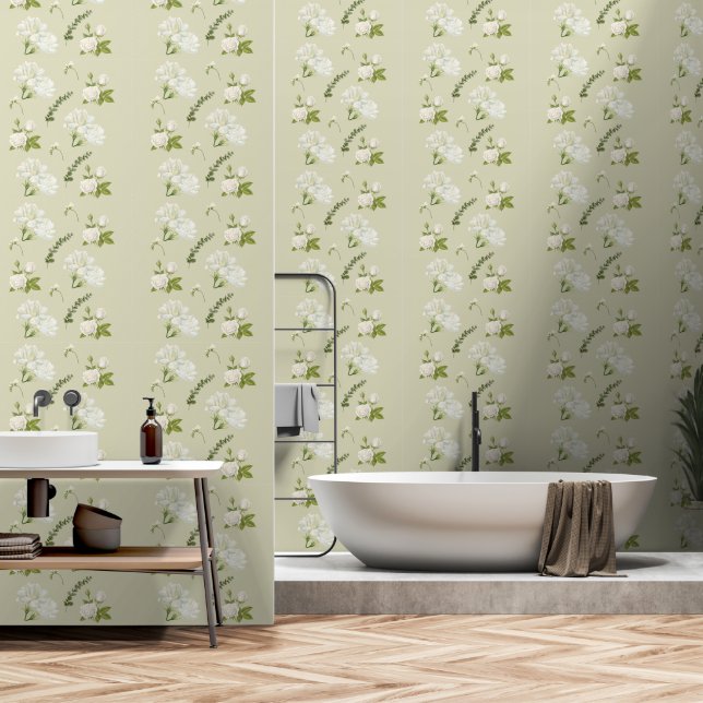 White Gardenia Rose Pastel Gray Background Pattern Tapete (Badezimmer)