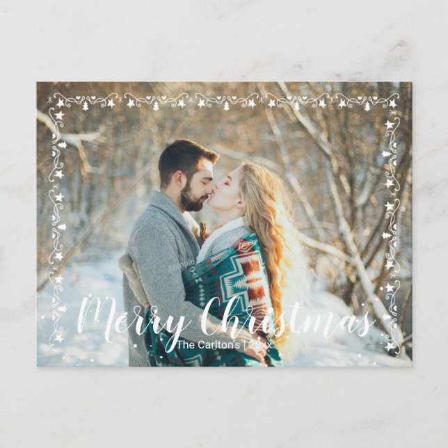 White Garland Trim & Script Frohe Weihnachten Postkarte (Vorderseite)