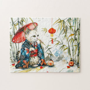 White Geisha Cat with Red Umbrella in Bamboo Fores