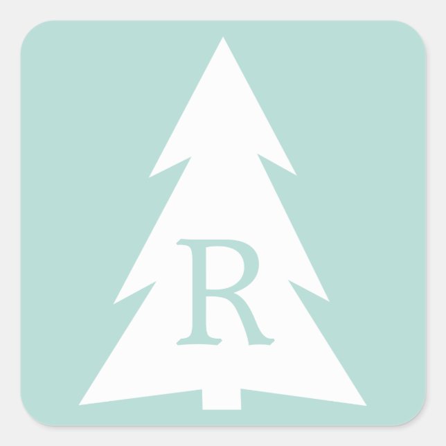 White Geometric Tree on Mint Green, Your Monogram Quadratischer Aufkleber (Vorderseite)