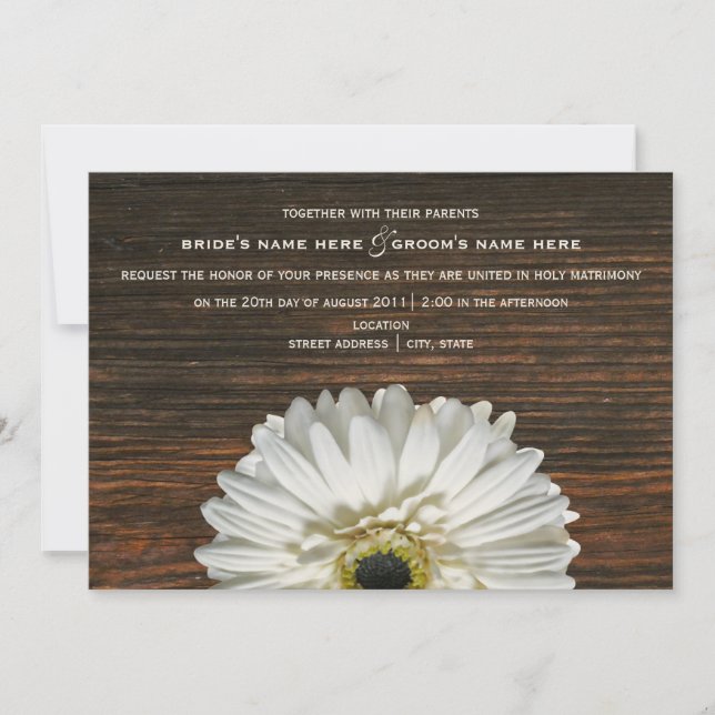 White Gerbera & Barnwood Russe Faire-part de maria (Devant)