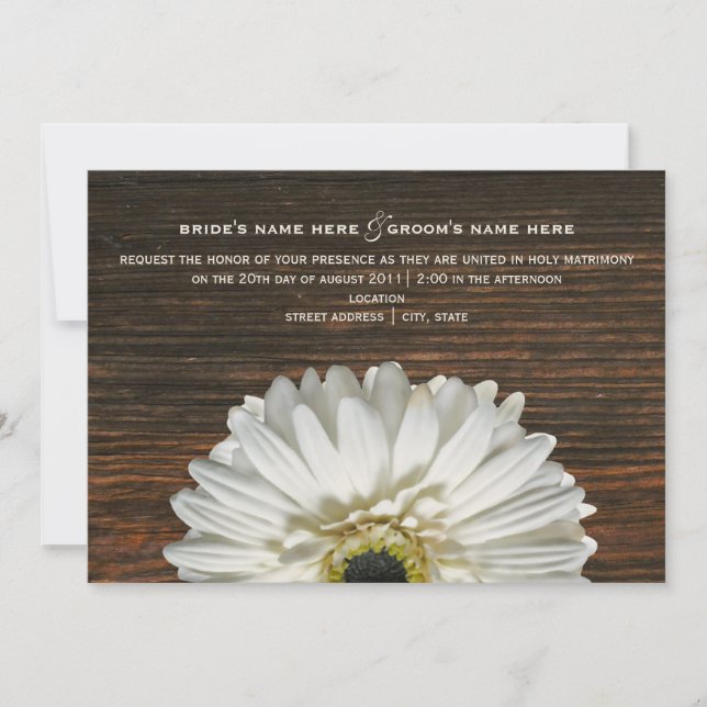 White Gerbera & Barnwood Rustic Wedding Einladung (Vorderseite)