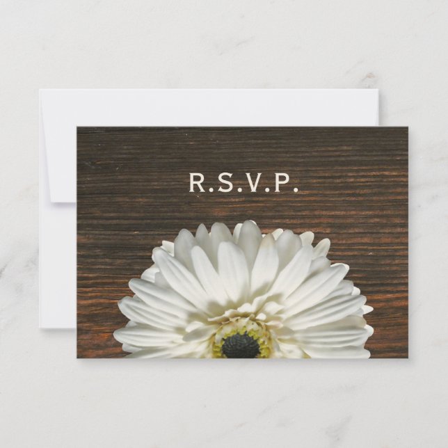 White Gerbera & Barnwood Rustic Wedding RSVP Karte (Vorderseite)