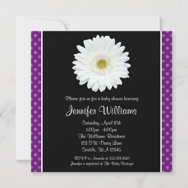 White Gerbera Daisy Lila Polka Dot Baby Dusche Einladung (Vorderseite)