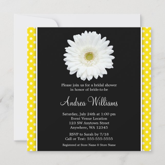 White Gerbera Daisy Yellow Polka Dot Brautparty Einladung (Vorderseite)