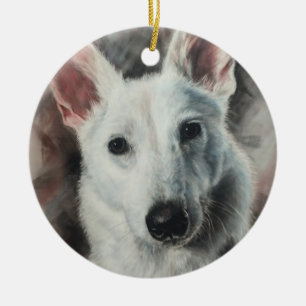 White German Shepherd GSD Happy Hund Keramik Ornament