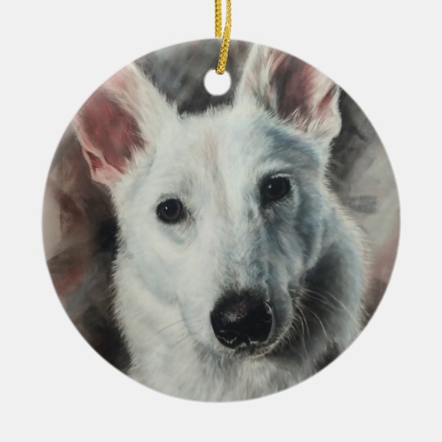 White German Shepherd GSD Happy Hund Keramik Ornament (Vorne)
