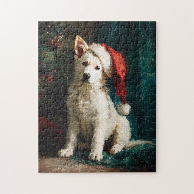 White German Shepherd Puppy Christmas Painting (Vertikal)