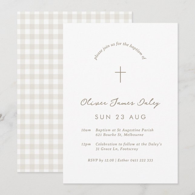 White Gingham Baptism Christening Cross Einladung (Vorne/Hinten)