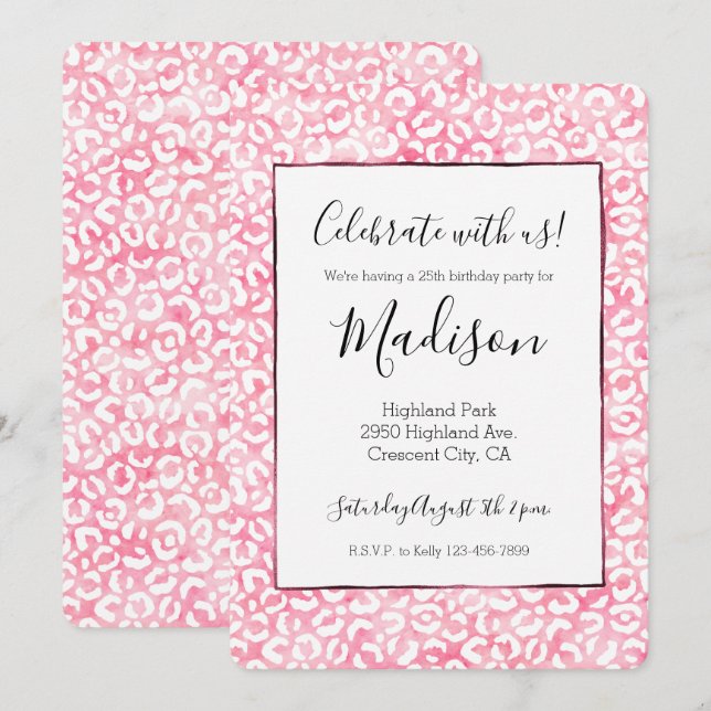 White Girl Pink Wasserfarbe Leopard Print Einladung (Vorne/Hinten)