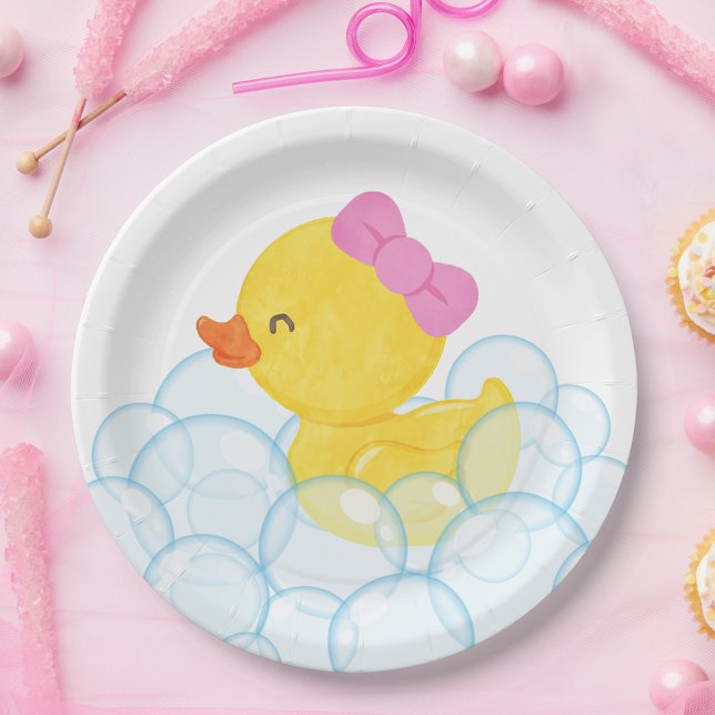 White Girl Watercolor Rubber Duck Party Pappteller (Watercolor Girl Rubber Duck Paper Party Plates on White for Birthday or Baby Shower)