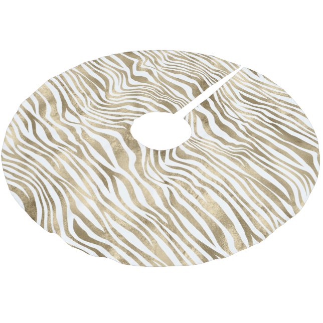 White Glam Gold Zebra Animal Print Polyester Weihnachtsbaumdecke (Schrägansicht)