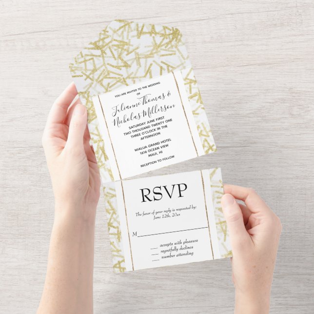 White Glitzy Gold Confetti Wedding All In One Einladung (Abreißen)