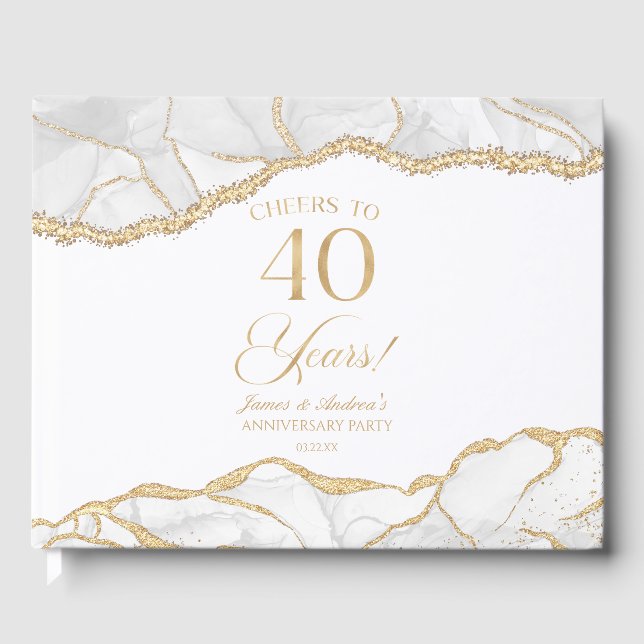 White Gold Agate 40th Wedding Anniversary Party Gästebuch (Vorderseite)