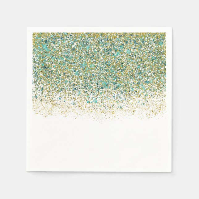 White Gold & Aquamarin Blue Glitzer Moderner Küste Serviette (Vorderseite)