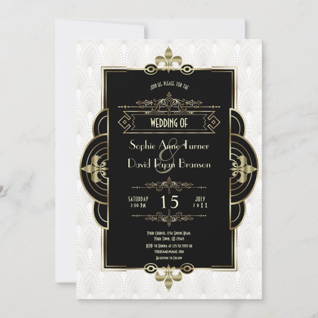 White Gold Art Deco Black Roaring 1920er Hochzeit Einladung (Vorderseite)