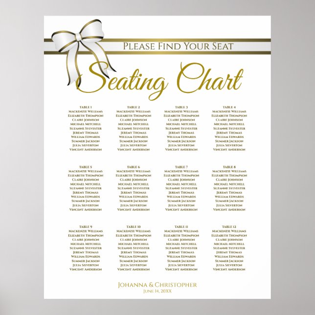 White & Gold Band 12 Tabelle Hochzeitsdiagramm Poster (Vorne)