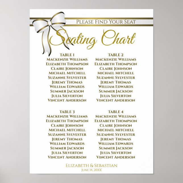 White & Gold Band 4 Tabelle Hochzeitstabelle Poster (Vorne)