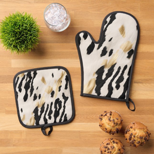White Gold Black Südwest Cowhide Ofenhandschuh & Topflappen-Set (Oben Unten)