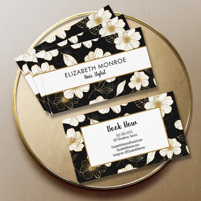 White Gold Blume Black Salon Haare Stylist Visitenkarte (Von Creator hochgeladen)