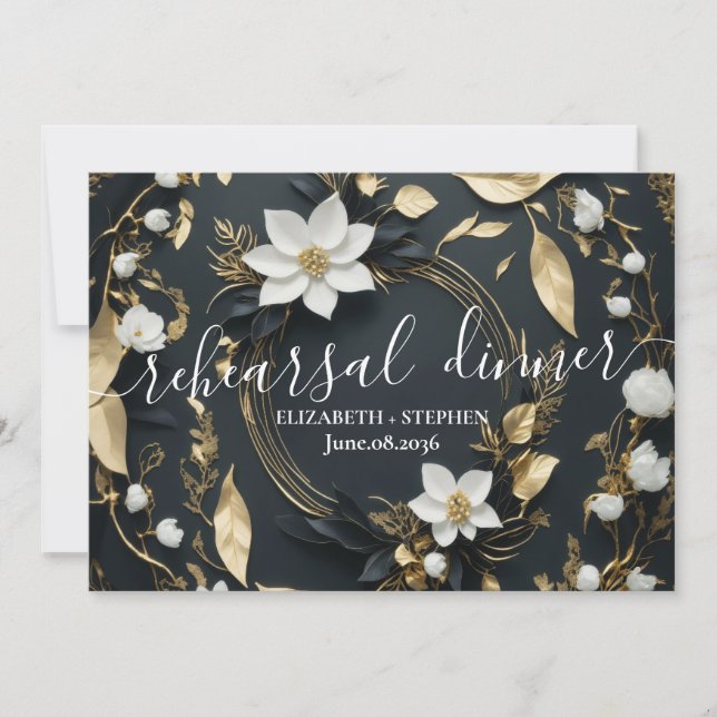 White Gold Blumenwettbewerb Hochzeit Probe Dinner Einladung (Vorderseite)