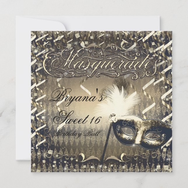 White Gold & Bronze Masquerade Mask Birthday Party Einladung (Vorderseite)