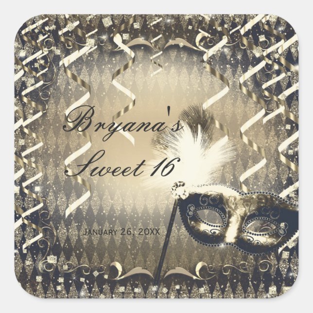 White Gold & Bronze Masquerade Mask Birthday Party Quadratischer Aufkleber (Vorderseite)