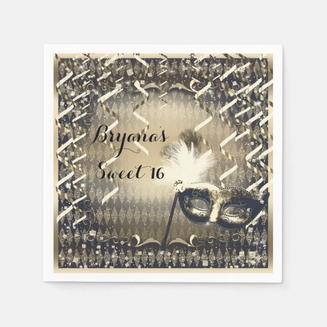 White Gold & Bronze Masquerade Mask Birthday Party Serviette (Vorderseite)