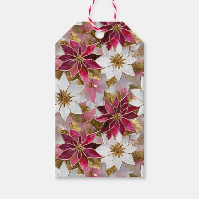 White Gold Burgundy Pink Christmas Poinsettias Geschenkanhänger (Vorderseite)