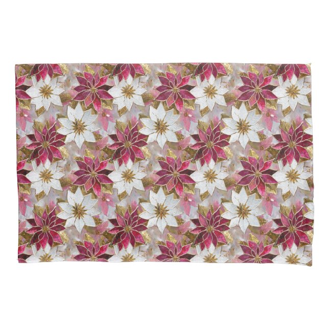 White Gold Burgundy Pink Christmas Poinsettias Kissenbezug (Vorderseite)