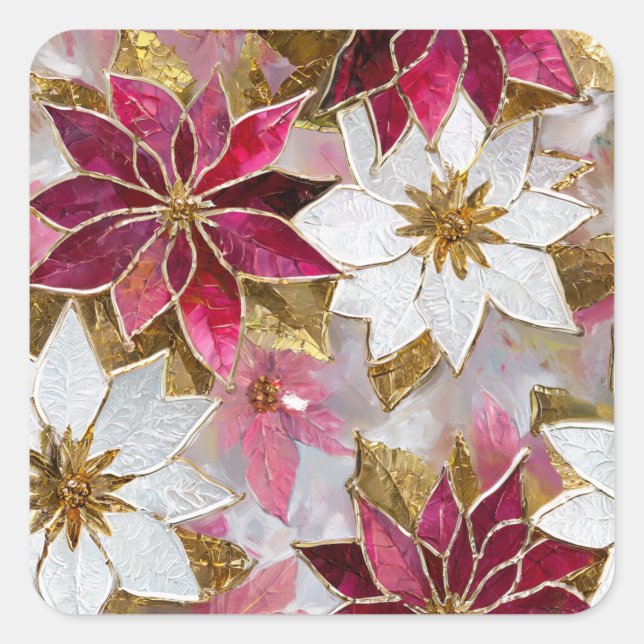 White Gold Burgundy Pink Christmas Poinsettias Quadratischer Aufkleber (Vorderseite)