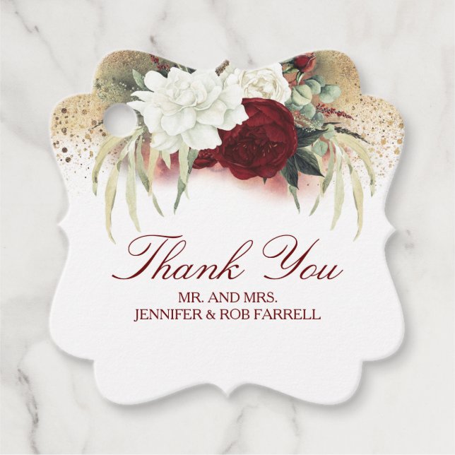 White Gold Burgundy Red Floral Moderne Hochzeit Geschenkanhänger (Vorderseite)