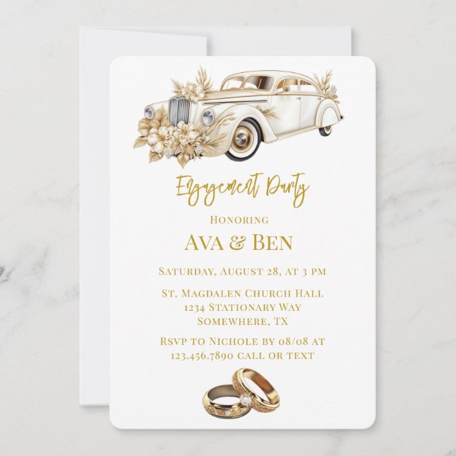 White Gold Car mit Florals Engagement Party Einladung (Vorderseite)